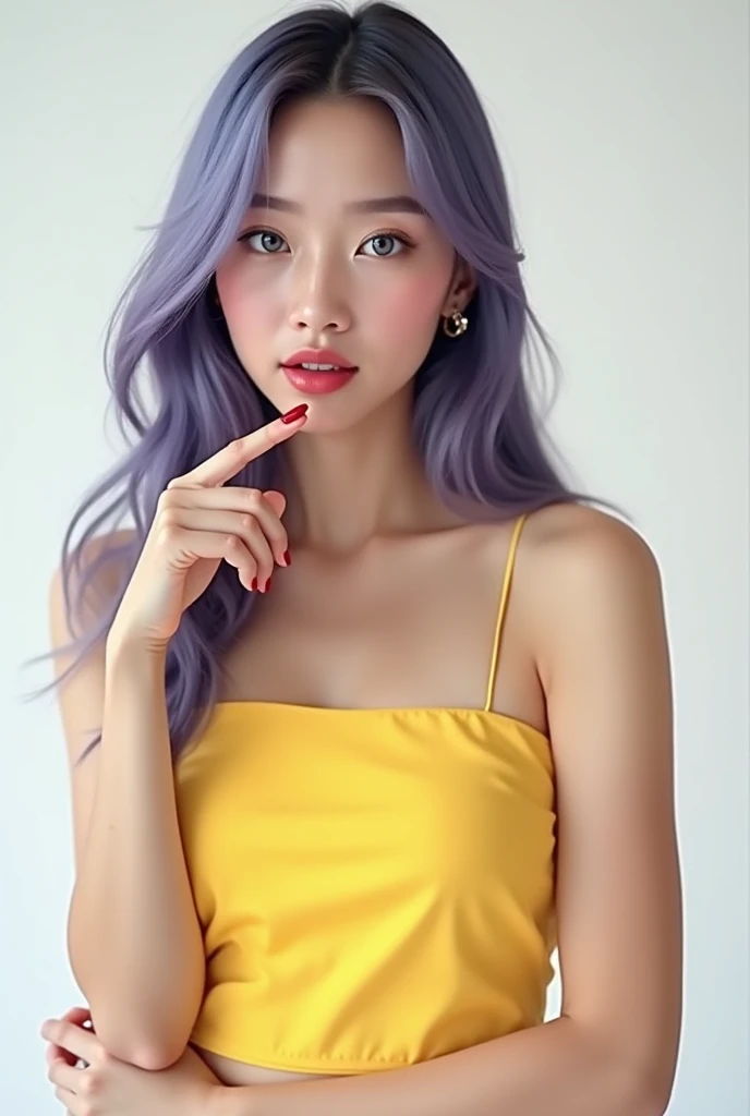 Very detailed, Very realistic, Hyperrealism, Ultra-realistic, (masterpiece, Stylish eyes with attention to detail: 1.2), (cute), 15, Lipstick advertisement, Sleeveless, Transparent yellow tube top, Girly Style, Fashion studio white background, (Full body p...