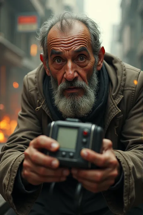 The scene appears to be set in a chaotic and dangerous environment. There is an old Arabic man who looks fearful, suggesting that he is in a state of distress or anxiety. He is holding a pager in his hand, which is an unusual object to hold, especially in ...