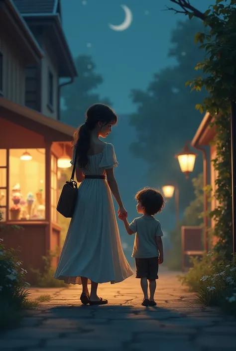 You can make a picture of a lady walking with a poor child without shoes heading to an ice cream shop through a neighborhood at night 