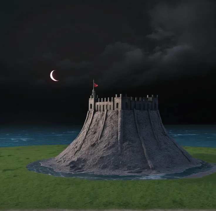 Pitch black sea water,dark sky,three half moon in far,one full blood moon in the west,sliver sands,silver beach,wind flowing,red leaves,one dead tree,night time,depression,dark art,horror,there is a very tall volcano peak in the middle of a field, myst isl...