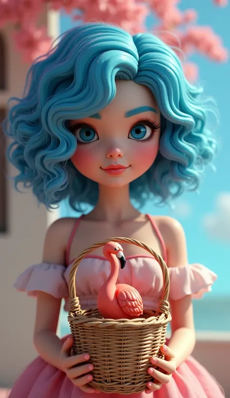 3D style 
Age 30 girl
 with blue curly hair blue 
eyes An old basket with a 
flamingo is on the hand