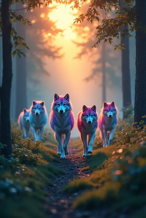 In the heart of the sprawling, verdant wilderness, the sun began to dip below the horizon, casting a radiant glow across the landscape. As twilight emerged, a remarkable scene unfolded—a pack of colorful wolves emerged from the dappled shadows of the fores...