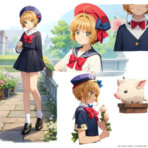 Create an illustration of a character with short hair and a sailor uniform , White Sailor Suit,With a red bow tie and a flower in his hair. Next to the character, Includes cute pigs with exaggerated features, Wearing a small hat and bow tie. Place it on a ...