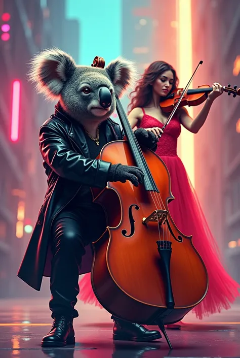 Un koala avec un blouson en cuir noir et pantalon cuir noir qui joue du violoncelle et derriere lui une femme en robe rouge joue du violon.  image tres colorée,  illustration, futuriste