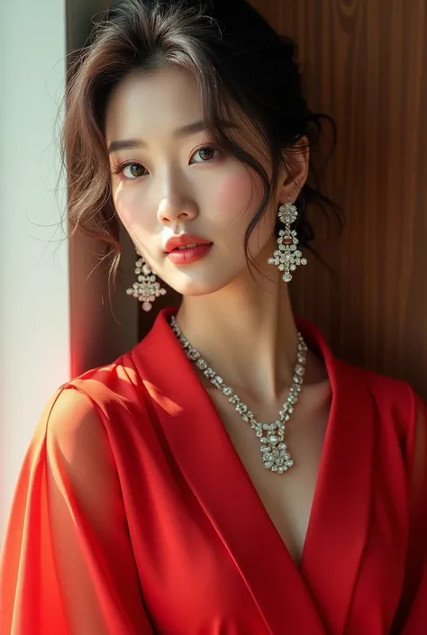  Korean model, beautiful all over, bright red dress and expensive jewelry, expensive deep neckline, full lips, very sharp focus, high quality, colorful, unique, single shot, realistic, award winning photo, Canon EOS 5D Mark IV DSLR f/8 ISO 100 1/250 sec Na...