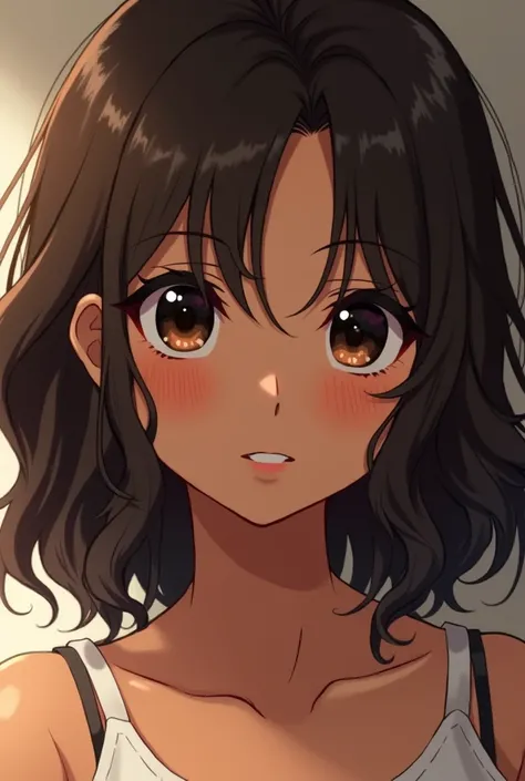 You make a dark-skinned girl with black eyes and dark brown hair and moles on each eye (slightly darker skin and short wavy hair)
( Make it in anime style