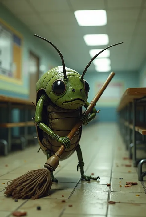 A mutant cockroach with a disgruntled face sweeps the floor in a school cafeteria