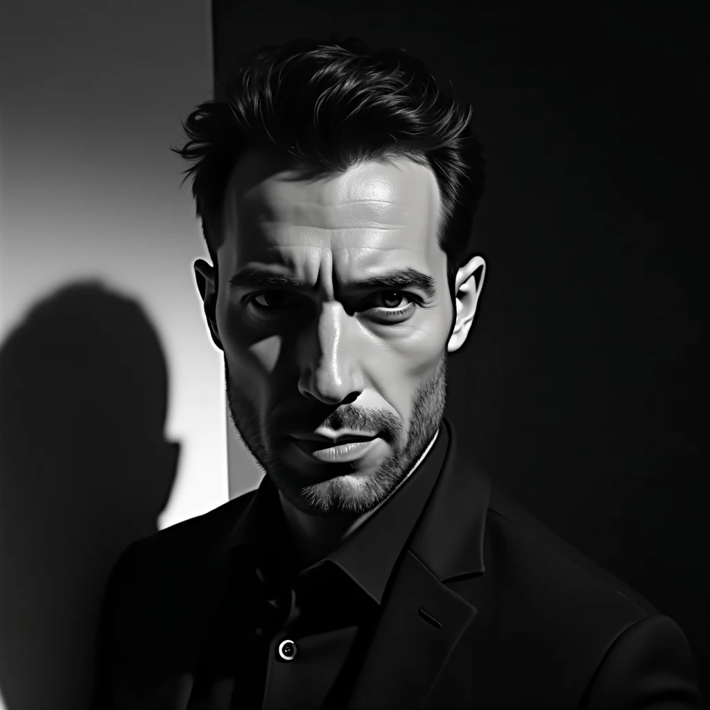 Portrait of a charming man with a serious expression, exuding credibility and confidence. The image is in black and white, with dramatic lighting highlighting the contours of his face. The mans sharp features are illuminated from the side, casting soft sha...