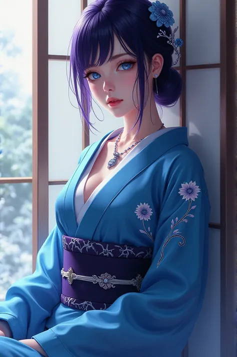 Waifu in kimono blue eyes dark purple hair sexy 2