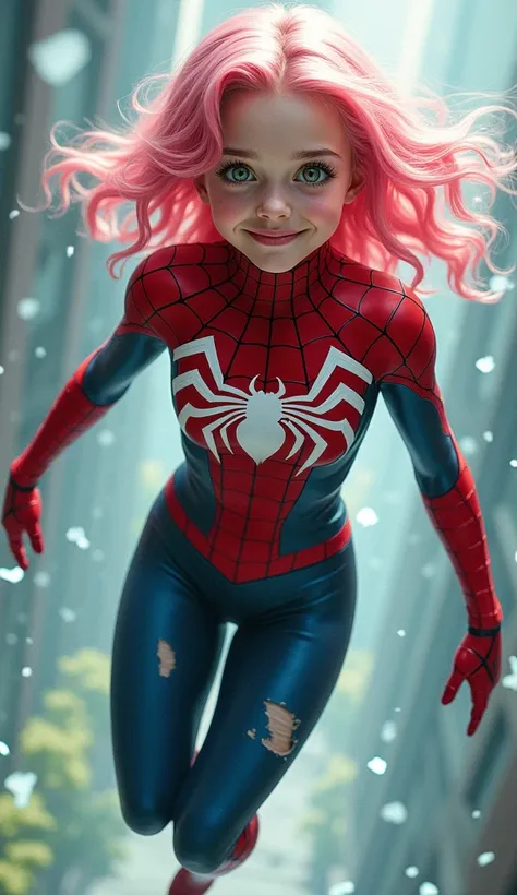 (masterpiece:2.0),(very realistic2.5),(a girl,twelve years),(Spider girl is flying towards me..:2.0),(Spiderman&#20;The uniform is made of very fine fabric.:2.0,uniform with tears:3.0),(horsetail;pink hair:2.0),(beautiful eyes:2.0;green eyes:2.0),(Very det...