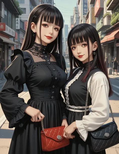 2 girls,Gothic,extremely detailed,Detailed clothes,Japanese,25 yo,KWAII,tareme,blunt bangs,red lips,busty,multiple color clothes,long sleeves,frill,handbag,light smile,city