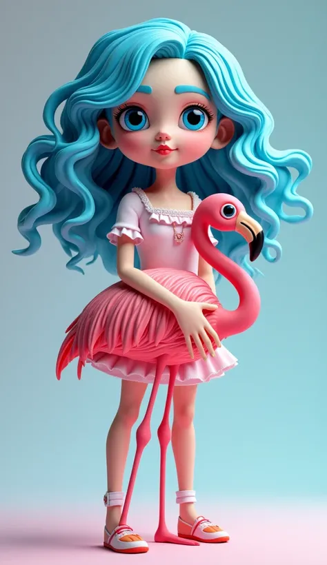 3D style 
Age 30 girl
 with blue curly hair blue 
eyes An flamingo on the legs 