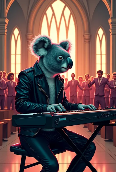 to do, A koala with a black leather jacket and black leather pants playing the synthesizer in a church and behind him there is a gosoel choir. image tres colorée,  illustration, futurist. square image 