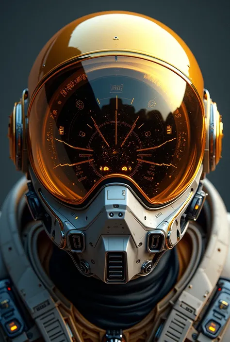  artwork featuring a close-up of a fighter pilots gold helmet with deep crystal effects. The reflective visor showcases a high-tech heads-up display (HUD) with various digital interfaces and data. The dark background emphasizes the illuminated details, cre...