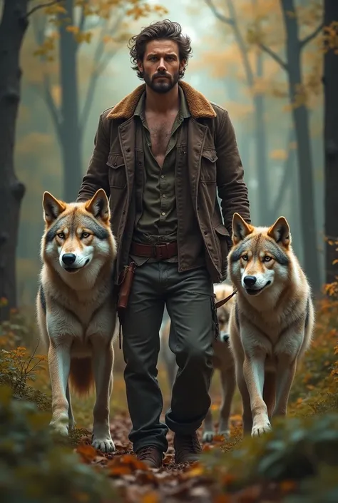 Handsome adorable 
man who takes care of wolves