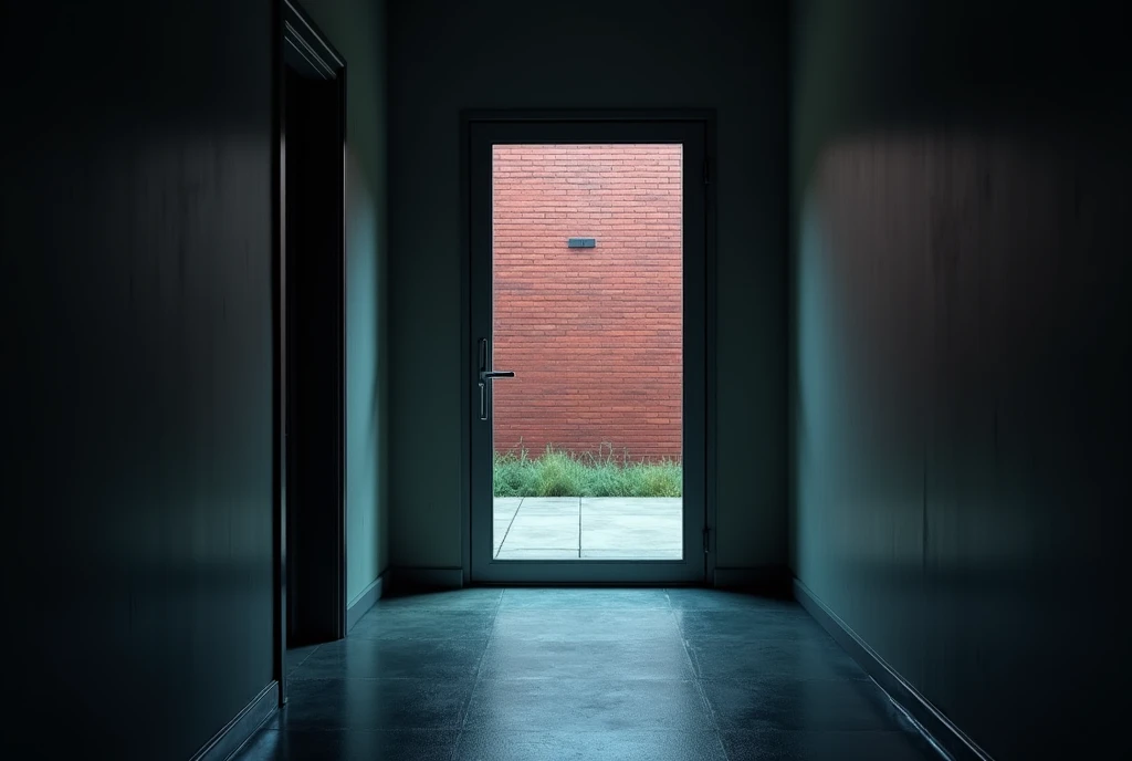 Glass door, dim corridor, no one in the picture, only the door, close-up, the building seen from outside is red brick