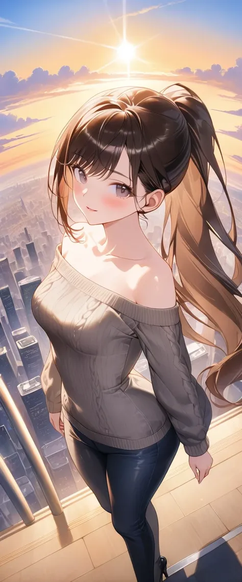 (SuperQuality:1.0), (SuperQuality:1.2), (wide shot:1.3), long wavy brown hair, side-swept bangs, (ponytail:1.3), slim waist, curvy hips, bare shoulders, (sweater:1.3), smooth skin, shiny hair, (inviting gaze), Create exquisite illustrations reminiscent of ...