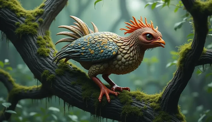 On the tree trunk in the strange forest，A six-legged bird-like creature with three chicken heads(Best quality，4K，8k，High level，masterpiece：1.2），Ultra Detailed，（lifelike，Photo real，Photo real：1.37），Highly detailed animals，Complex patterns，Realistic lighting