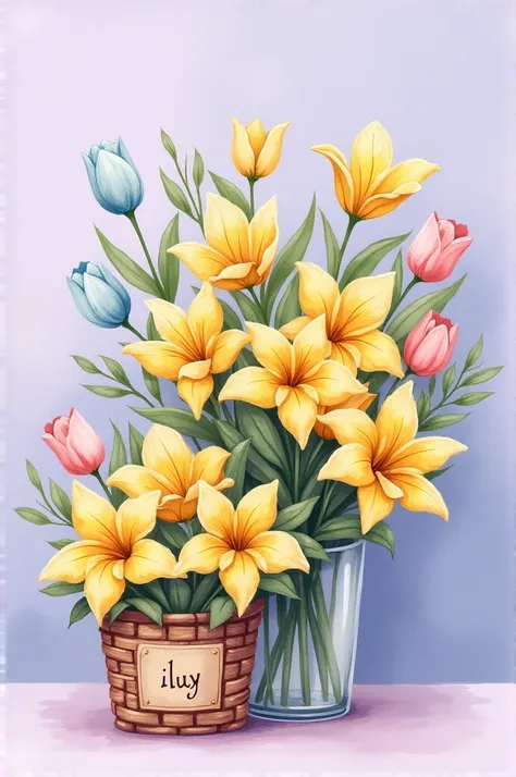 Create me a bouquet of yellow flowers with pink and light blue tulips on a lilac background and a bouquet of flowers with a kind of basket that says ILUY, All this as if it were drawn