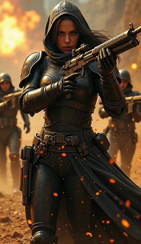 hard sci-fi setting, cyberpunk, girl in black Celtic paladins heavy armor with open helmet visor with heavy+light+flamethrower+gun shootout from rock runing, space troopers in the background, aimed fire from a guns, night stone desert, dust storm, battle s...