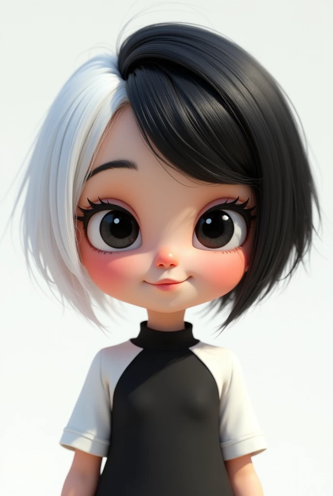 Create a photo of a four-year-old girl with black and white hair but with the top part black and the back part white., with a black and white dress 2D animated version