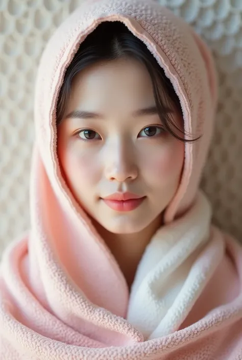 (photorealism: a close up of a person wrapped in a towel, inspired by Jacopo Bellini, trending on pexels, delicate pale pink lips, white scarf, beautiful south korean woman, soft scale texture, realistik ,full HD