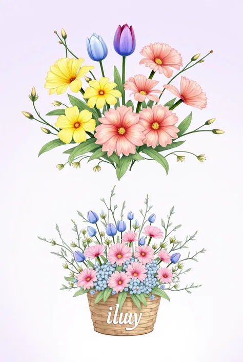 Create me a bouquet of yellow flowers with pink and light blue tulips on a lilac background and a bouquet of flowers with a kind of basket that says ILUY, All this has a drawn appearance but not a perfect drawing 