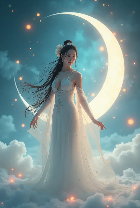 A beautiful Asian woman, Change costume, wearing a thin, flowing white dress stands gracefully in a mysterious, mystical scene. The dress is thin and slightly transparent, sparkling with a soft, magical light. The woman is surrounded by glowing orbs, color...