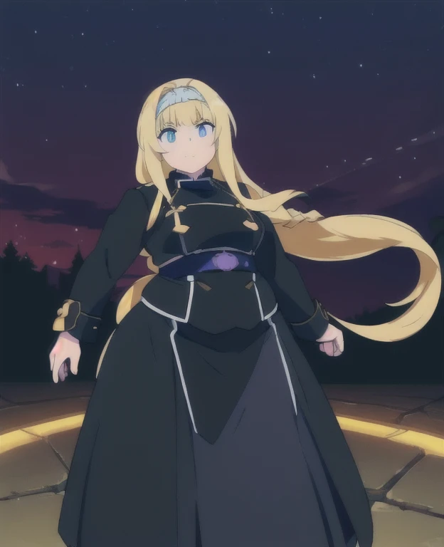 (best quality, 4k, 8k, anime girl, masterpiece)), (((beautiful extremely detailed face, beautiful eyes))), cinematic lighting, perfect anatomy, ((alice synthesis thirty)), (((chubby))), (((black coat, long skirt, JK uniform))), (full body view), ((blonde, ...