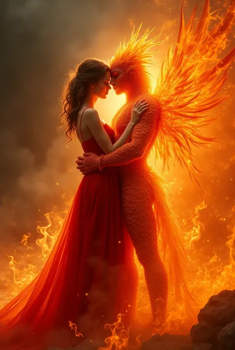 Phoenix girl in red fire dress with pattern and phoenix man hugging they are on fire.