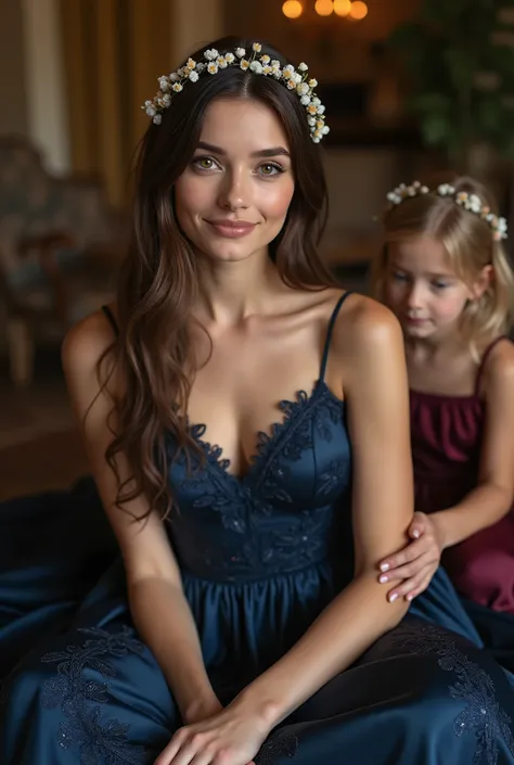 Realistic shot of body portrait of young brunette German flower girl aged 20 with long hair, hair band, Flower in hair, Necklace, smile. She playfully lay in front of the camera in a shiny metallic dark blue satin A-line dress with straps..., Schöne Muster...