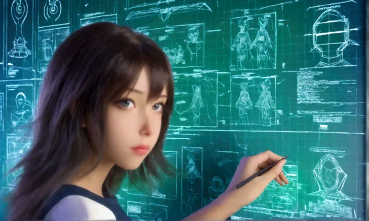 a cute anime girl in a sexy technician outfit with frayed edges and many holes, grease smudges, studying a mechs technical readouts on a wall, architectural design of mech, mech bay, focus on schematic, (best quality,4k,8k,highres,masterpiece:1.2),ultra-de...