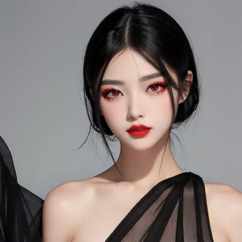 1girl,Black Hair, Red Eyes, Makeup, 