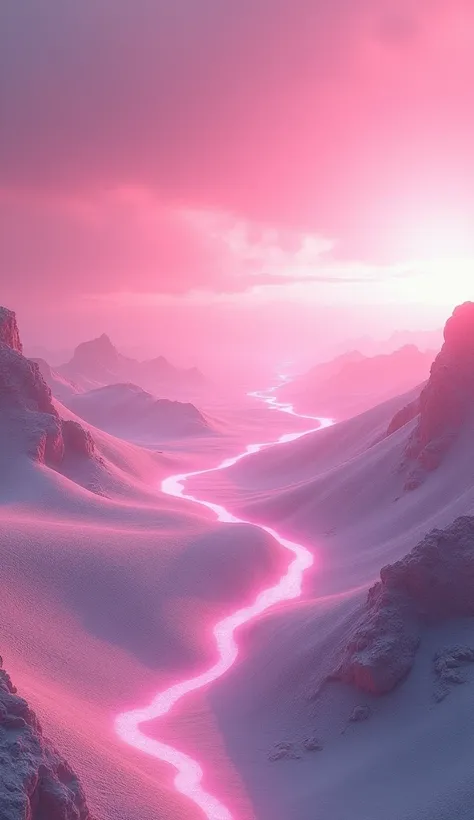 A desert in the sea with a pink sky: A desert-like area on the ocean floor。Pink glowing particles fly up instead of sand、Aurora-like waves flow through it.。