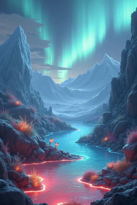 Depict a surreal landscape of extreme habitats, like a boiling hot spring and a freezing Arctic scene, with unique organisms thriving in each."