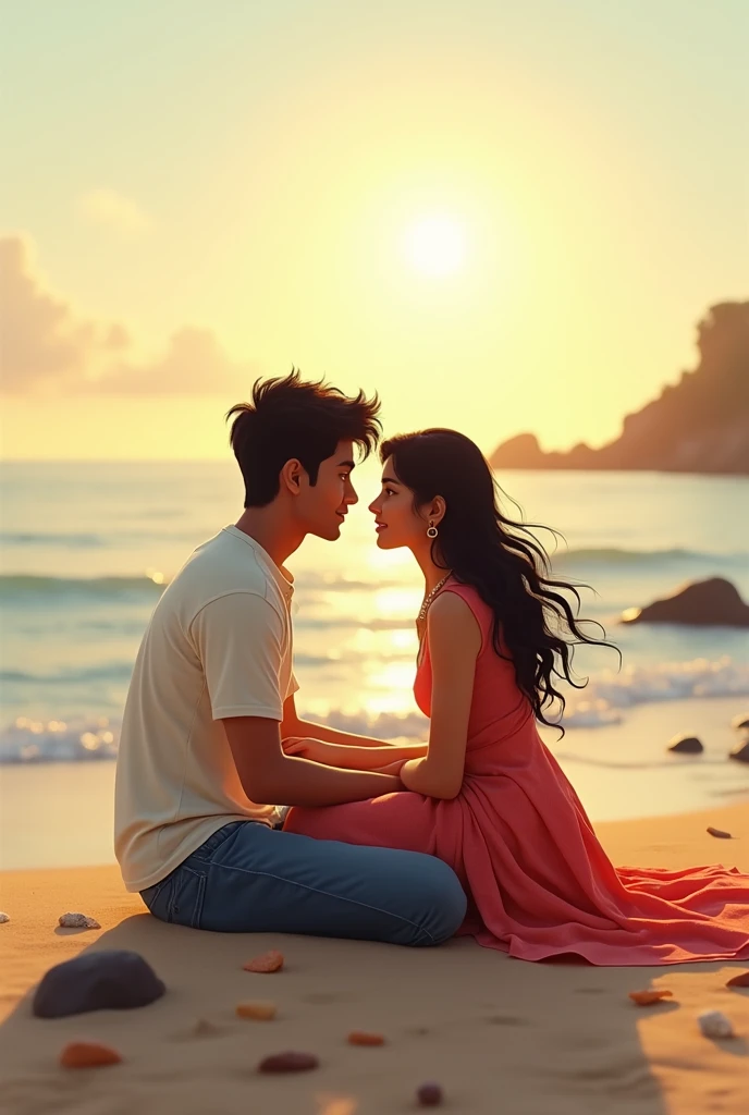 Boy looking at girl with romantic expression both sitting on sea shore under Sun morning 
Image should be realistic
Character should be Indian
