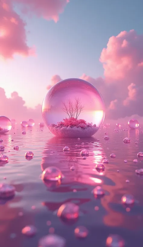 Zero Gravity Sea Foam Planet: A small planet made of countless bubbles floats in the ocean.、Each one emits a different pink light as it floats on the ocean floor.。Inside the bubbles々The small ocean world is spreading out。Casts a pink light over the landsca...