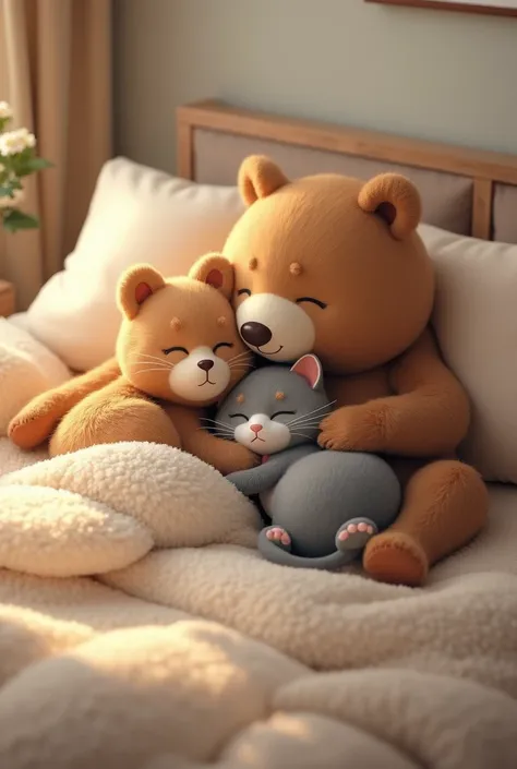 Bear and cat in bed 