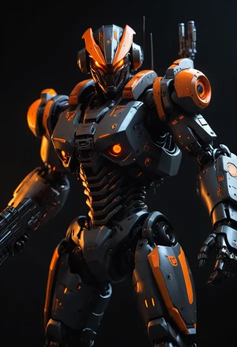 a futuristic police automaton, one orange glowing eye, black and orange armor, mecha, holding a rifle, 2 meters tall, dark background, cinematic lighting, dramatic angles, photorealistic, highly detailed, 8k, masterpiece