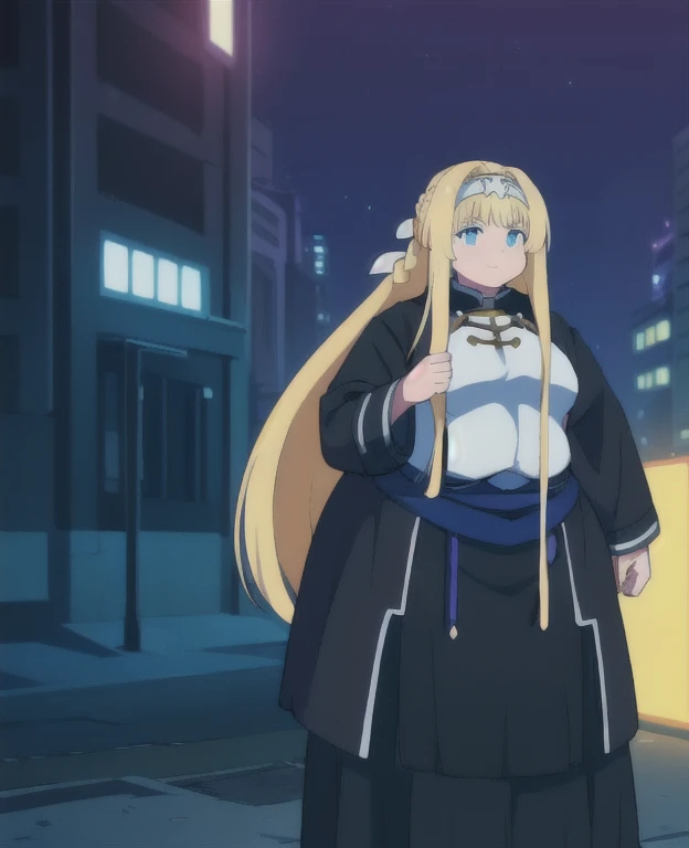 (best quality, 4k, 8k, anime girl, masterpiece)), (((beautiful extremely detailed face, beautiful eyes))), cinematic lighting, perfect anatomy, ((alice synthesis thirty)), (((chubby))), (((black coat, long skirt, JK uniform))), (full body view), ((blonde, ...