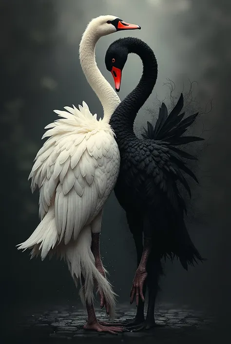 Make a Black Swan movie tattoo composition, make 2 versions of Natalie Portman&#39;s character as a white swan and another as a black swan and make the black swan version behind. In the foreground, make 2 swan animals with a circle as if they were hugging ...