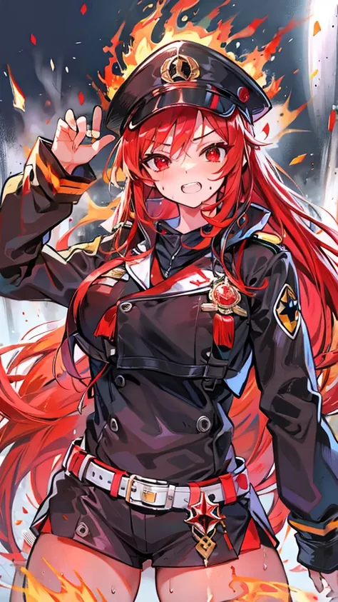 torch,Best Quality, Textured skin, Red Hair, Flame-shaped headband,Low ponytail, Red eyes, Double teeth, Special Attack Uniform,Sarashi on the chest,Dripping Sweat,Character portrait, anime, Bad Girl,Belligerent,Shiny Hair, 