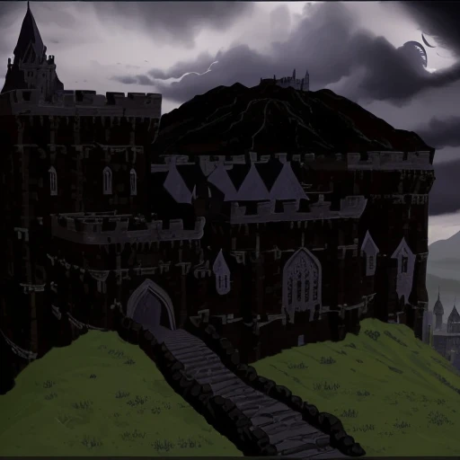 arafed castle with a staircase leading to a tower, grimdark fantasy fortress, dark castle setting, grimdark chaos fortress, scarry castle). mystical, gothic castle, a medieval keep, scarry castle)). mystical, dark fantasy setting, fantasy building, dark ca...