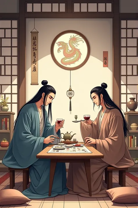 Hanama wine,sitting,painting (object),single hair bun,indoors,hair bun,long sleeves,multiple boys,table,holding,robe,profile,2boys,lattice,outstretched arm,ceiling,long hair,male focus,eastern dragon,black hair,hair pulled back,looking at another,on floor,...