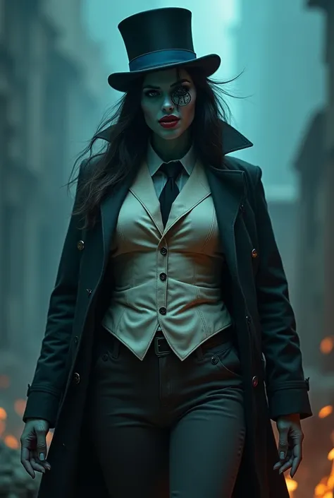 she is a sexy cute evil 2 that died and became an Overlord in hell, she wears a black top hat with a blue  band as well as a rimless monocle on her  left eye. she is light black skin, evil smiling cyan fangs, and a forked tongue. she was also wearing a bla...