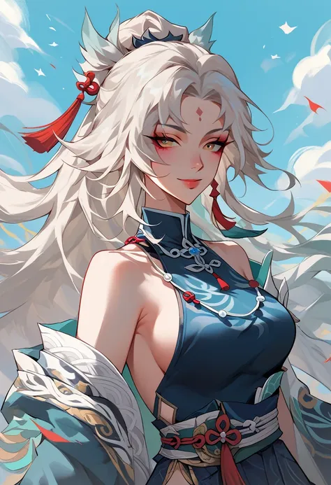 anime girl with long white hair and blue dress posing, white haired deity, seductive anime girl, white haired, perfect white haired girl, white haired lady, white-haired, onmyoji portrait, white - haired fox, onmyoji, anime goddess, 