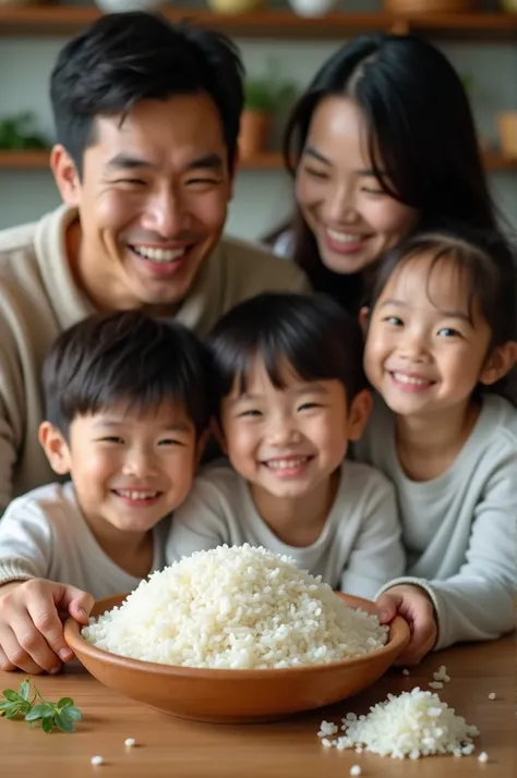 1family Thai-Korea beautiful people (1daddy, 1mommy, 2-3child), smile, hold Thai jasmine white rice small package, fresh, premium, realistic, kitchen room, selective focus, food photography, zoom out