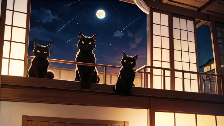 Sleeping black cat、Anime Style、Watercolor style、Japanese countryside、Balcony looking up at the moon、View from inside the room、Night Sky、Dim background