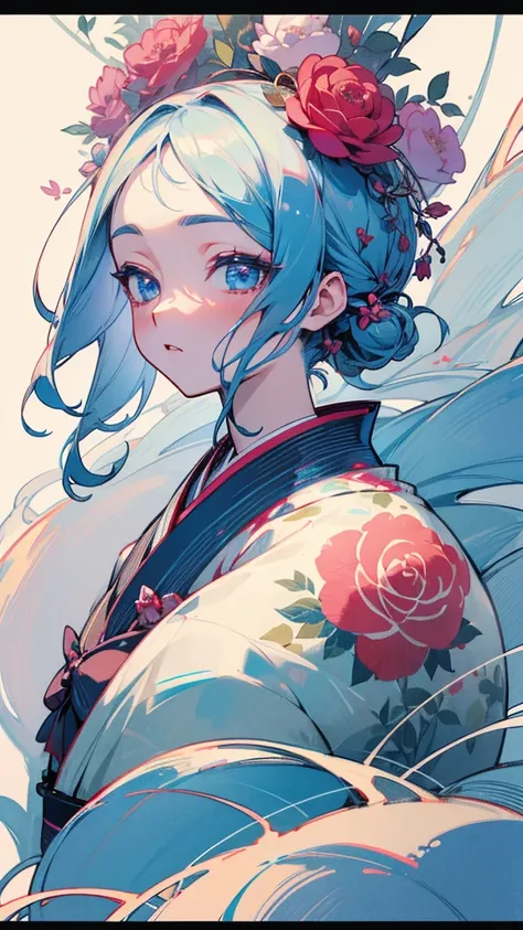 kimono、Up Hair、Beautiful detailed blue eyes、Inspired by the colors of roses、Flower field high resolution, masterpiece, accurate, Best Quality, Winner of numerous awards, High detail, High-resolution model, Ultra high definition, Very detailed, 