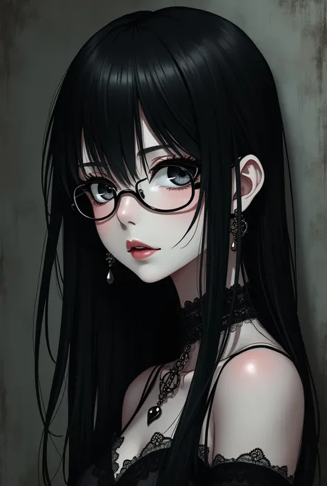 Sketch a goth anime girl with glasses 